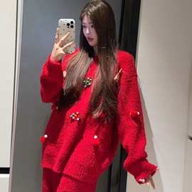 甜美圣诞新年半边绒红色睡衣女冬季新款针织长袖长裤家居服套装冬