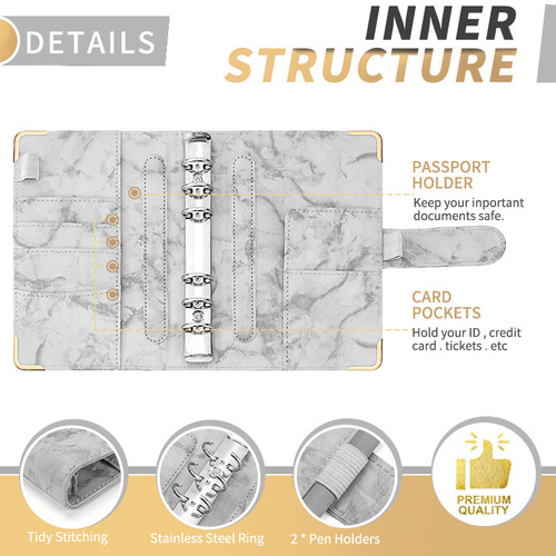 Cross-border A6 wire-bound notebook diary with marble texture leather PU 6-hole wire-o notebook cash budget