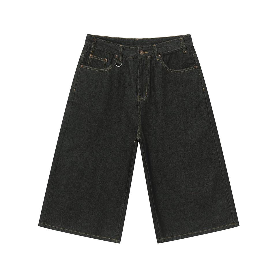 Quần short denim nam dáng rộng ống suông — Da bò thô màu đen, Xanh denim thô, Xanh đậm, Đen xám