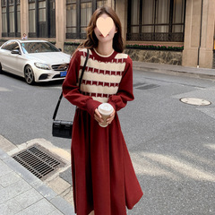 紅色假兩件字裙收腰顯瘦氣質長裙溫柔風小個子連衣裙女秋冬新款