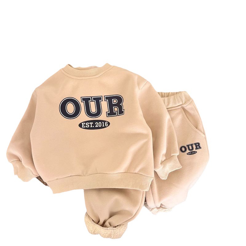 Vêtements pour enfants printemps, automne et hiver, garçons et filles, lettres imprimées, Warm Tide Treasure Plus, velours épais, notre ensemble sweat-shirt_voghion.com
