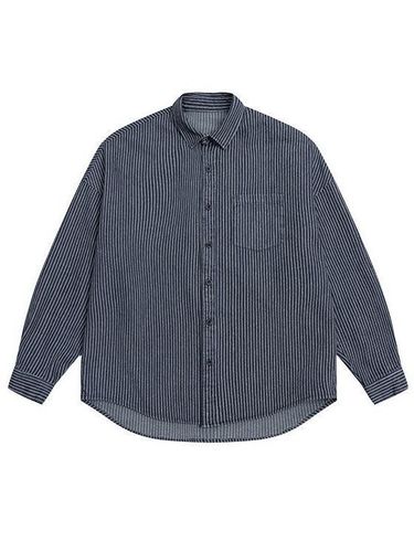 吕小虎潮牌水洗条纹牛仔长袖衬衫男日系休闲cityboy蓝色衬衣外套