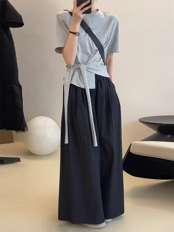 夏装搭配一整套韩系感不规则绑带T恤阔腿裤盐系减龄两件套女|undefined