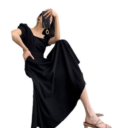A long black V-neck French retro style women's summer dress that fits and shows off the figure, with a stylish and new design.