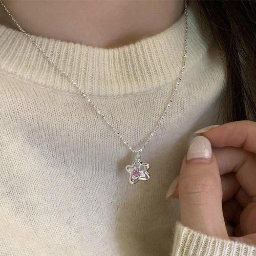 S925 sterling silver pink zirconium star necklace for women  new style light luxury niche design temperament clavicle chain