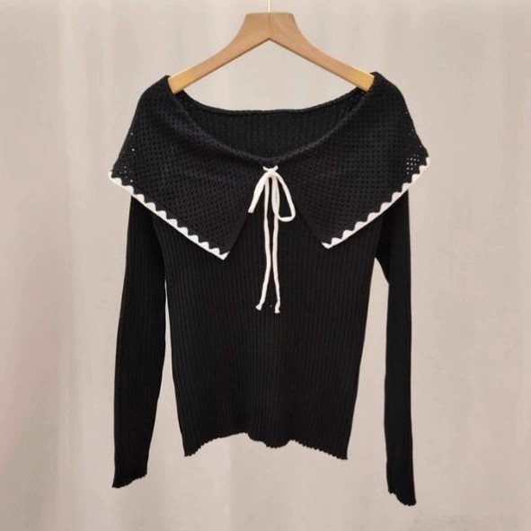 甜美风设计感娃娃领一字肩针织衫女秋冬季新款设计感打底百搭上衣