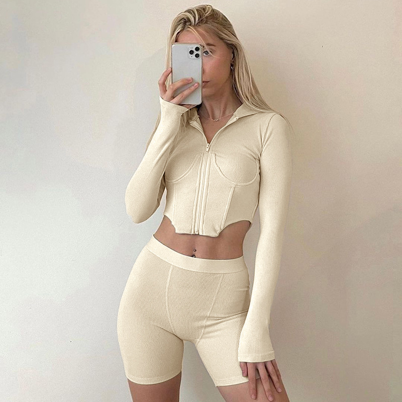 women s zipper long-sleeved hooded top tights two-piece nihaostyles clothing wholesale NSLJ76055