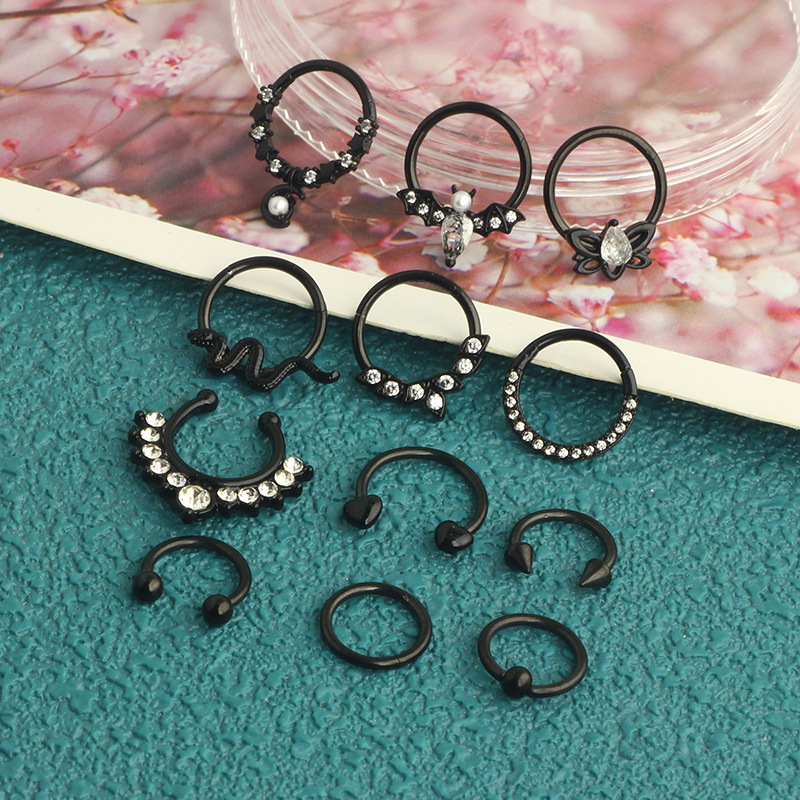 12Pcs Stainless Steel Open Nose Ring Set European American Bat Zircon Earrings Nose Stud Piercing Jewelry detail image 10