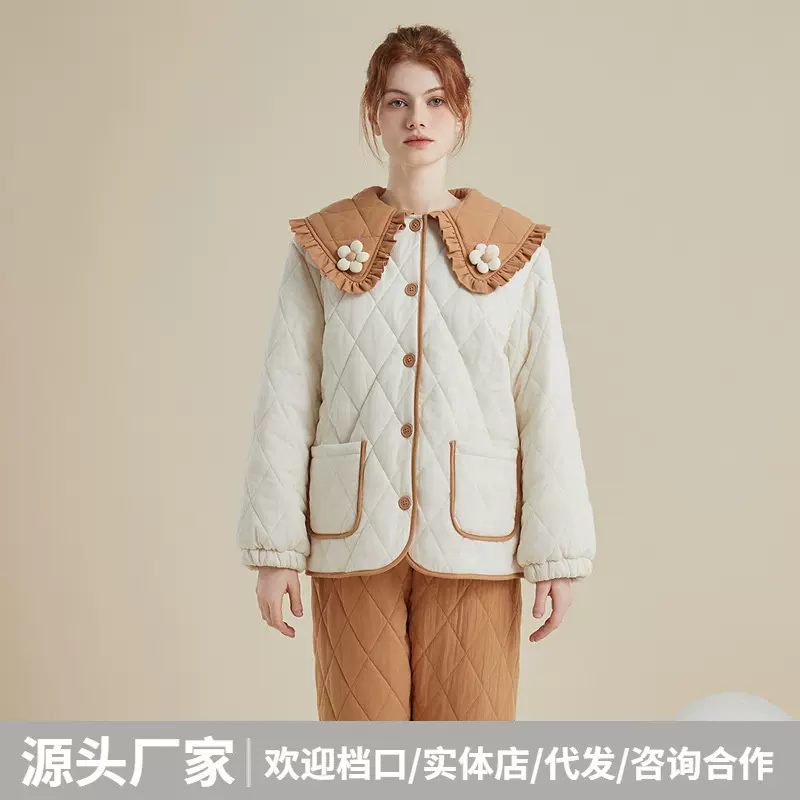 秋冬新款三层夹棉睡衣女冬加厚保暖加绒可外穿家居服套装湖南省服