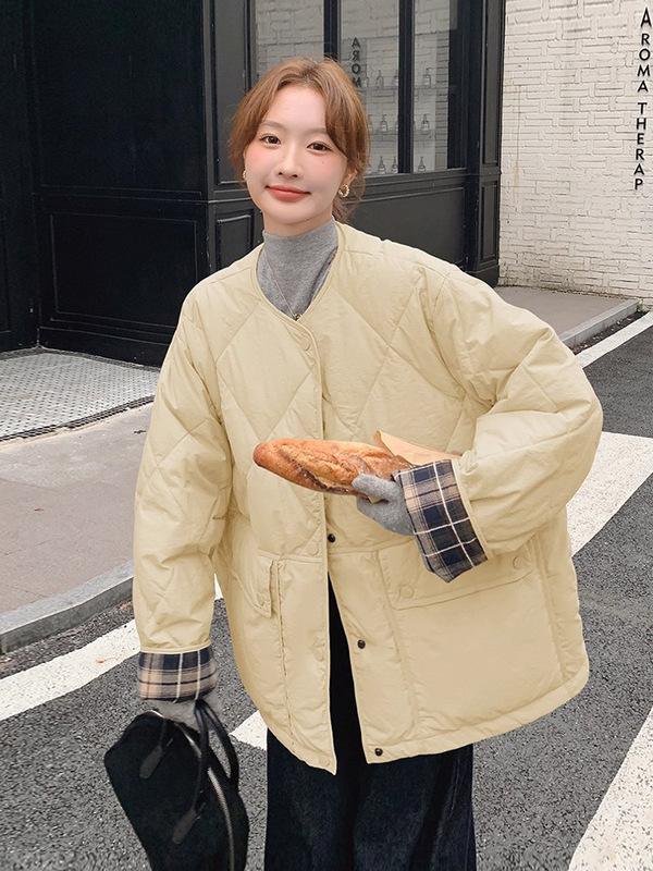 圆领格子拼接羽绒棉服女2025年新款轻薄短款小个子宽松棉袄外套潮|undefined