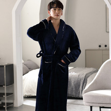 睡衣男士秋冬季珊瑚绒加绒加厚法兰绒短毛绒大码连体长款睡袍纽扣