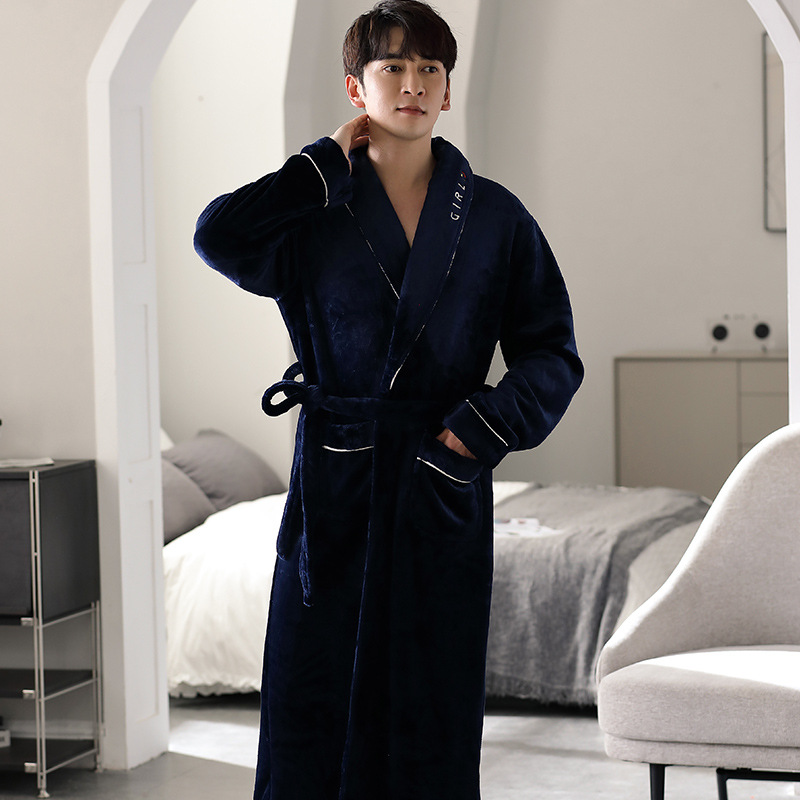 睡衣男士秋冬季珊瑚绒加绒加厚法兰绒短毛绒大码连体长款睡袍纽扣