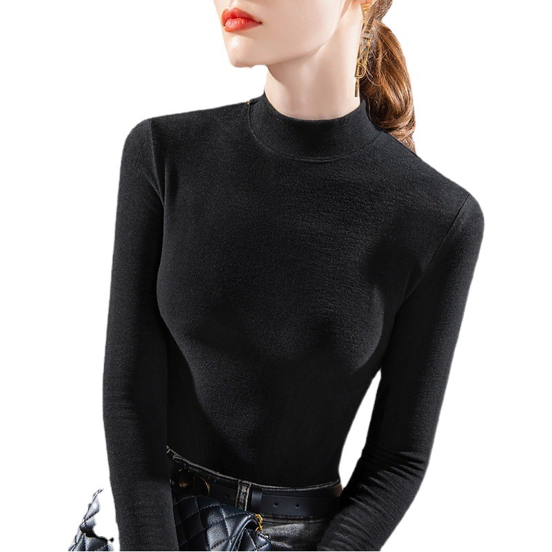 Camisa de fondo de terciopelo de seda de cuello medio alto para mujer 2024 otoño e invierno nuevo estilo de manga larga caliente y camisa ajustada