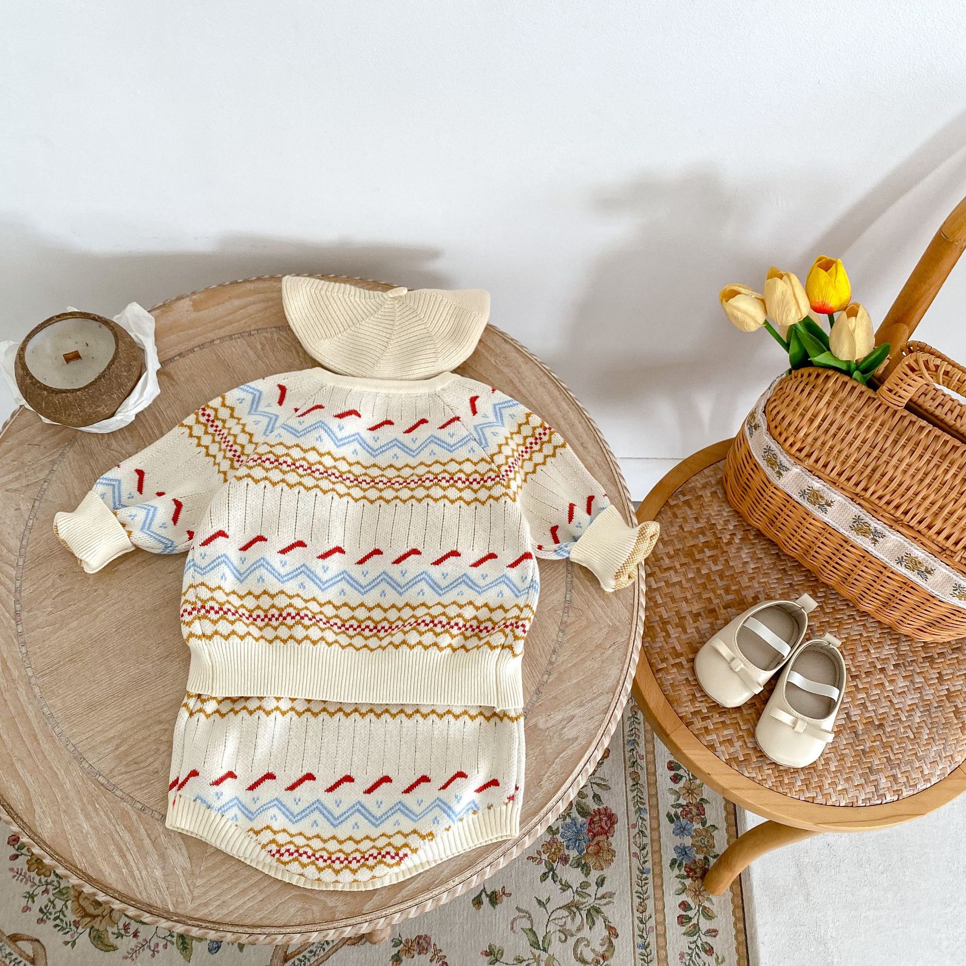 2024 őszi új unisex jacquard kötött szett fiúknak, lányoknak, babáknak, hosszú ujjú kardigán és khaki színben külön-külön_voghion.com