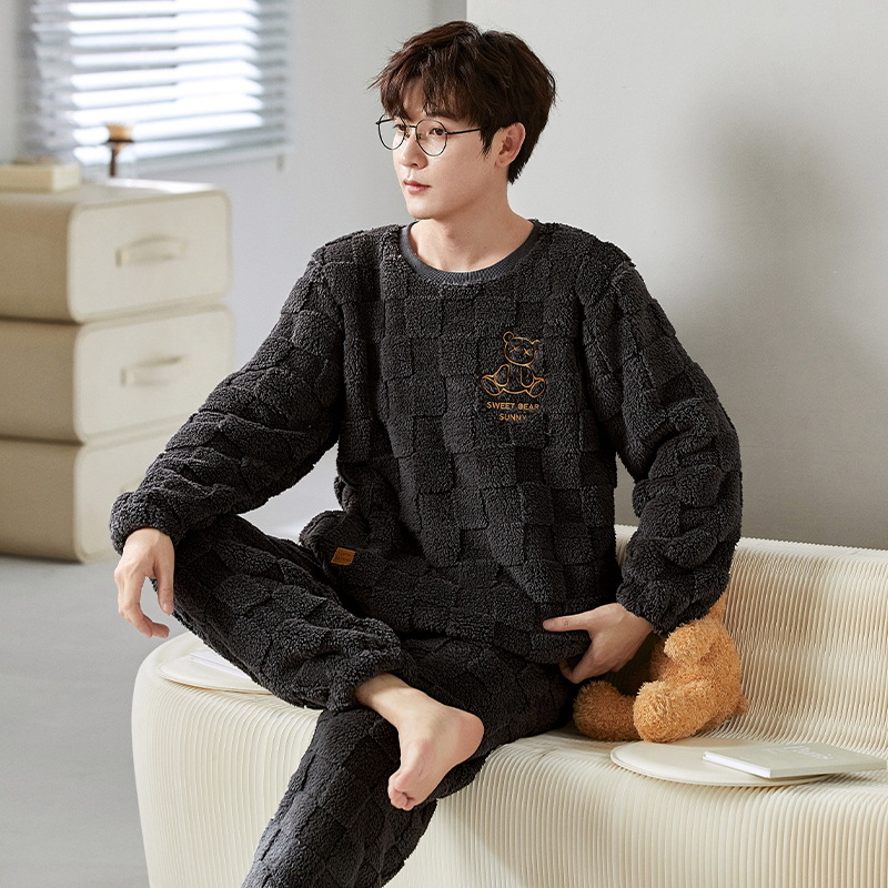 New Men's Pajamas Coral Velvet Autumn and Winter Thickened Fleece Large Size Flannel Warm Suit Home Wear