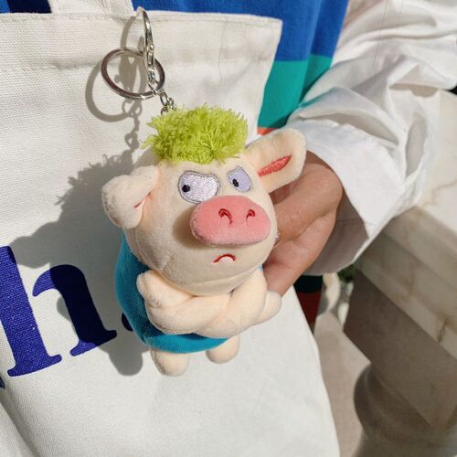 Cute and Playful Pig Green Fur Angered Pig Plush Toy, Bag Accessory, Unisex Gift, Funny Keychain