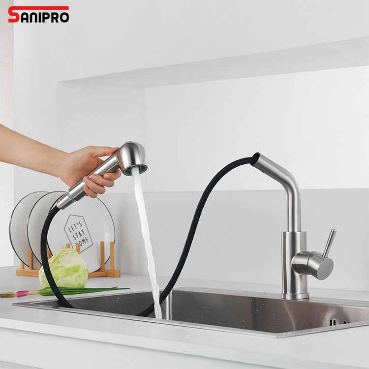 SANIPRO pipe shape 304 stainless steel withdrawal faucet with flexible pull-down nozzle kitchen faucet