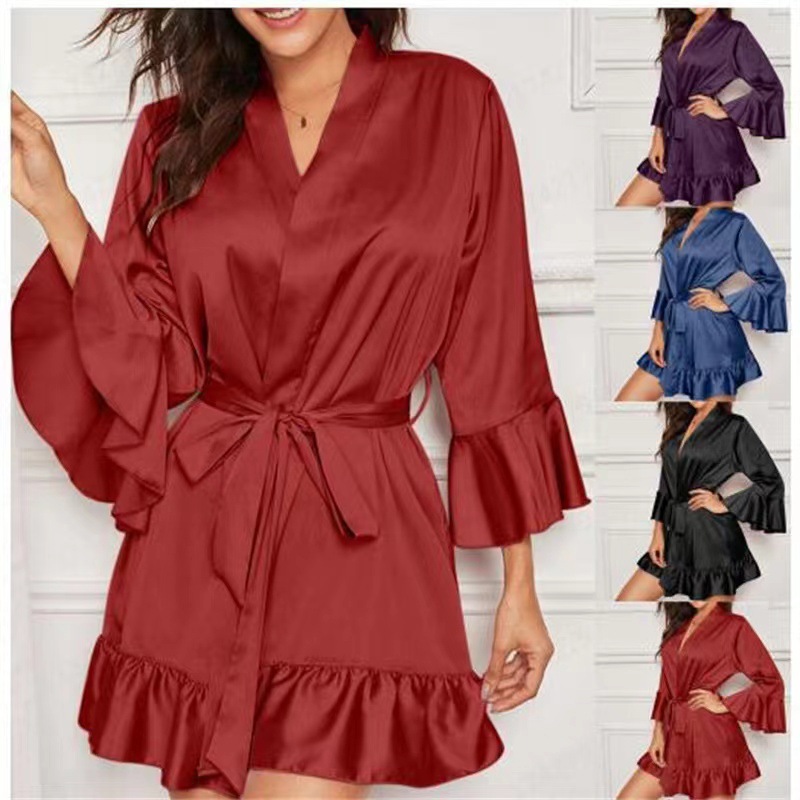 GraceChic European And American Hot-Selling Women's Sexy Stretch Satin Bathrobe Plus Size Nightgown Solid Color Loungewear_voghion.com