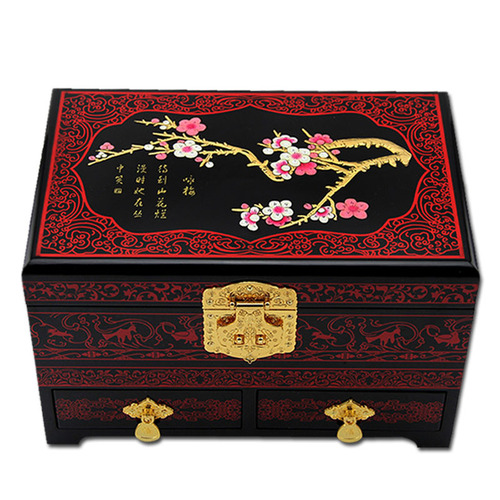 Antique Style Wooden Jewelry Box with Lock, Red Chinese Style Hair Dressing Chest from Pingyao, Shanxi, resembling the Forbidden City Design