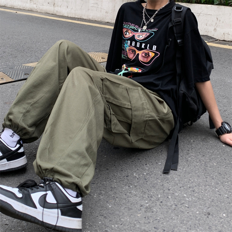 Pu Shuai retro multi-Bolsillo overoles rectos de primavera y otoño de los hombres hip hop de la calle suelta casual pantalones de trapeador de pierna ancha