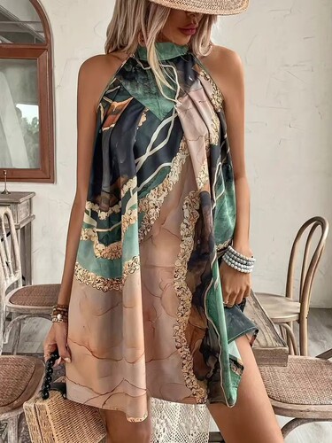 Slim-fit bag, hip sleeveless round neck stripe print, sexy mini dress, design contrasting colors from Europe and America