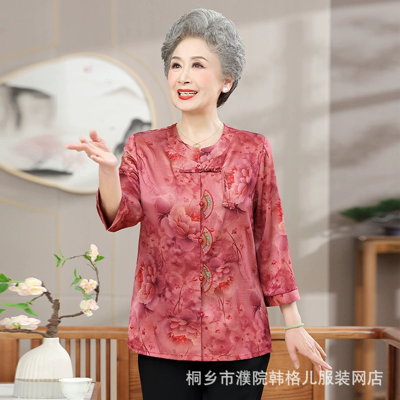 Весенняя одежда для пожилых людей, рубашки для бабушек, новая женская одежда среднего и пожилого возраста 2025 года, весенние и летние топы для мам в китайском стиле с длинными рукавами.