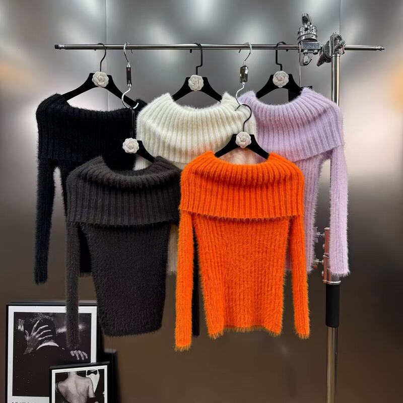 2025 Winter New Style Off-Shoulder Long Sleeve Slim-Fit Pure Desire Style Knitted Sweater