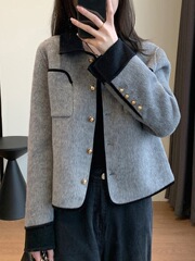 灰色双面呢羊绒大衣女短款设计感小众翻领小香风水貂绒针织短外套