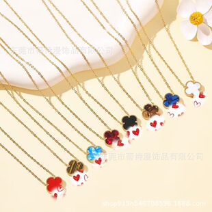 (Cross-border trading), double-sided necklace stainless steel, accessory, 15mm, four-leaf clover, 750 sample gold