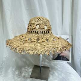 欧美风手工编织透气镂空毛边大帽檐草帽女夏季海边防晒遮阳沙滩帽