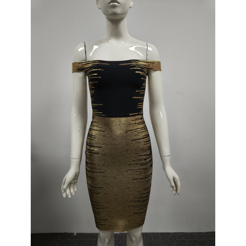 European and American cross-border sexy hot girl women's clothing, off-shoulder, tight-fitting, bodycon, high-waisted, short bandage pattern dress