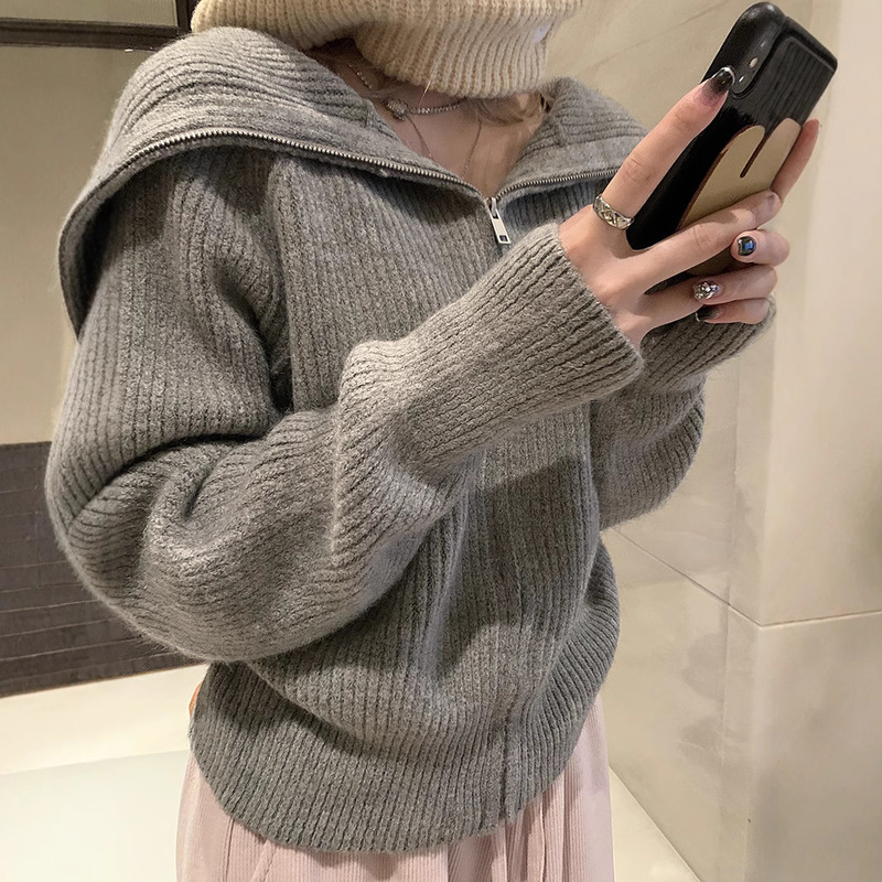 韓国スタイルの大きなラペルセータージャケット女性のための 2025 新しいダブルジッパー無地シンプルなルーズレイジースタイルニットカーディガン|undefined