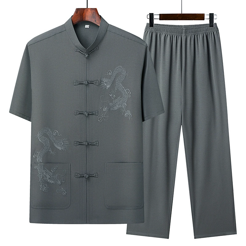 Костюм Тан в китайском стиле для мужчин среднего и пожилого возраста, повседневный летний костюм из льна из ледяного шелка с короткими рукавами, летний костюм для папы, китайский костюм.