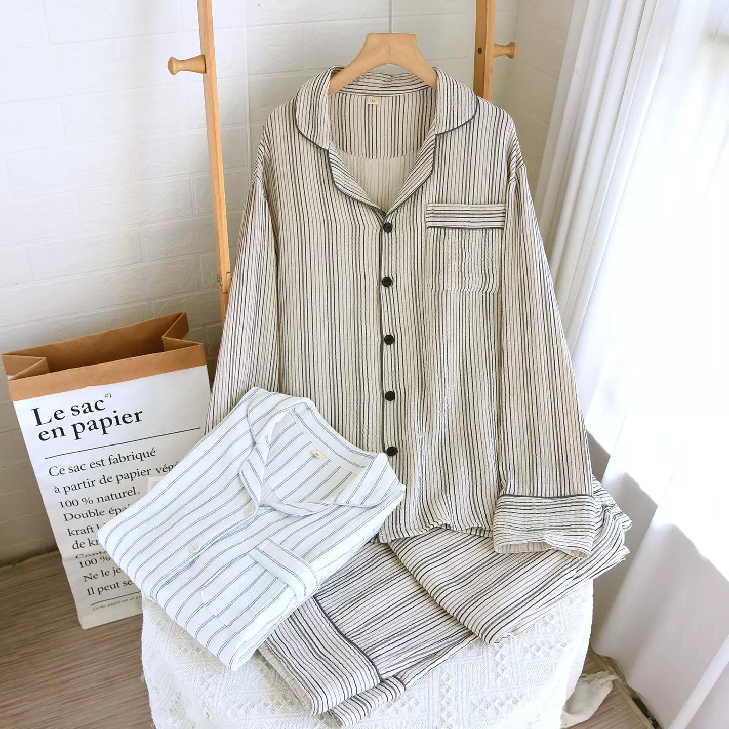 纯棉睡衣女秋冬季双层纱布长袖简约宽松条纹男士情侣家居服套装