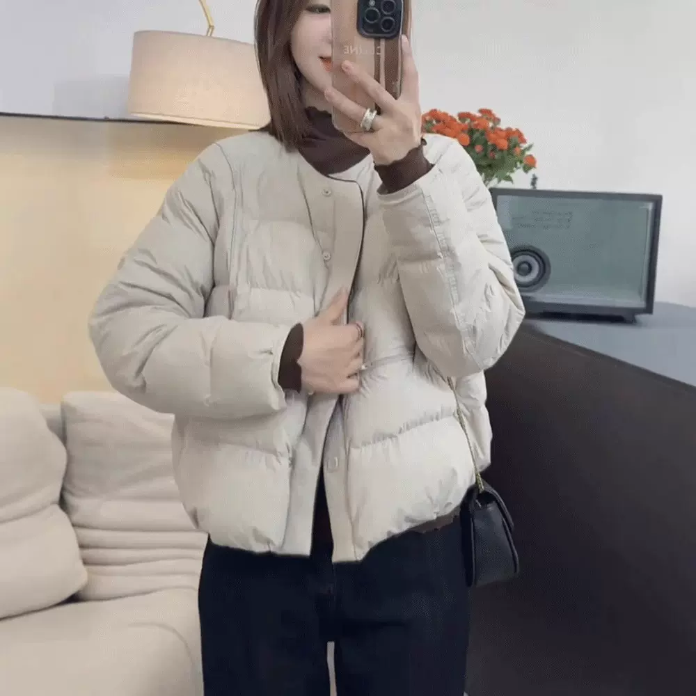 圆领简约白鸭绒短款羽绒服女冬季新款小个子宽松显瘦加厚保暖外套
