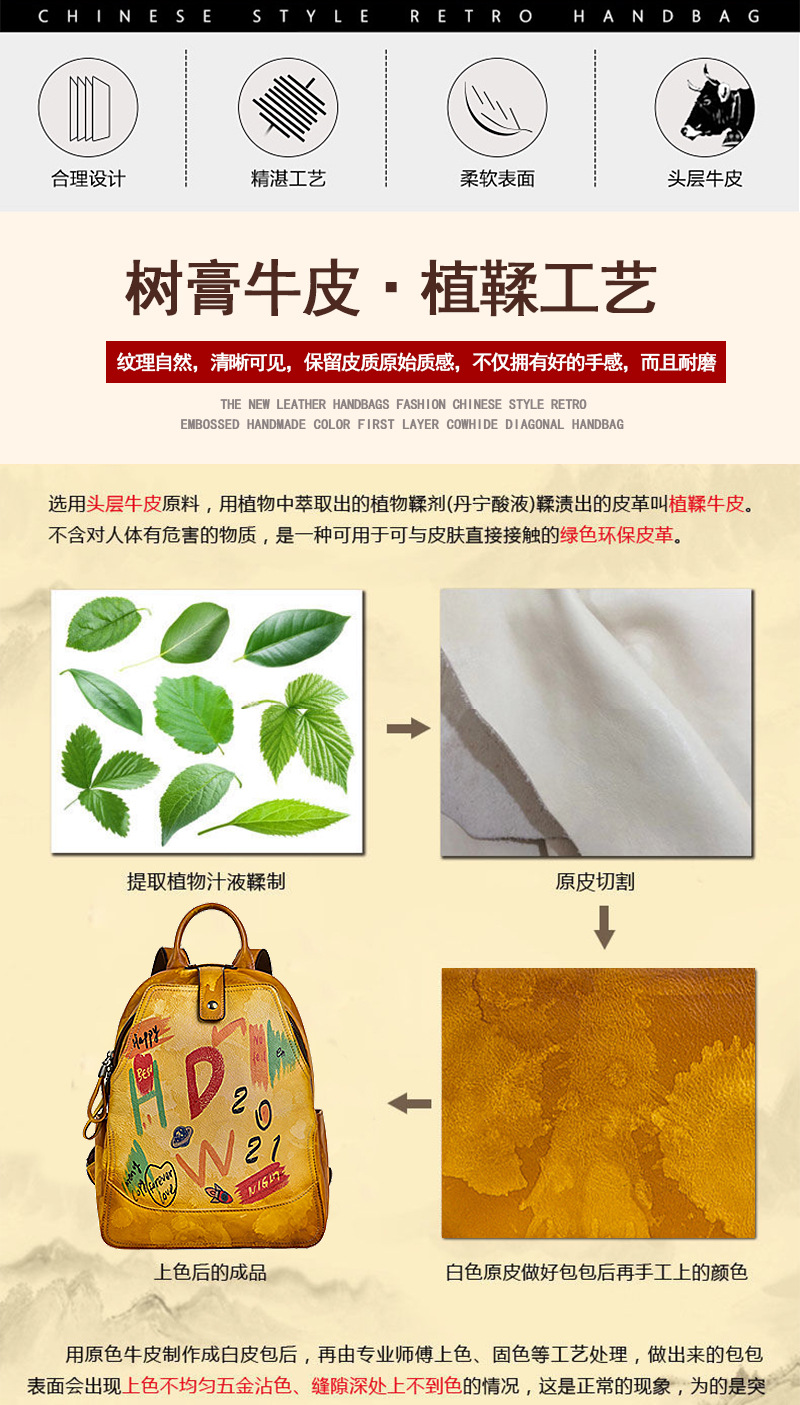 Ba lô nữ da bò cổ điển phong cách graffiti dung tích lớn dễ phối đồ — Vàng cổ điển, Xanh lá cổ điển, Đỏ cổ điển, Xám cổ điển chi tiết 2