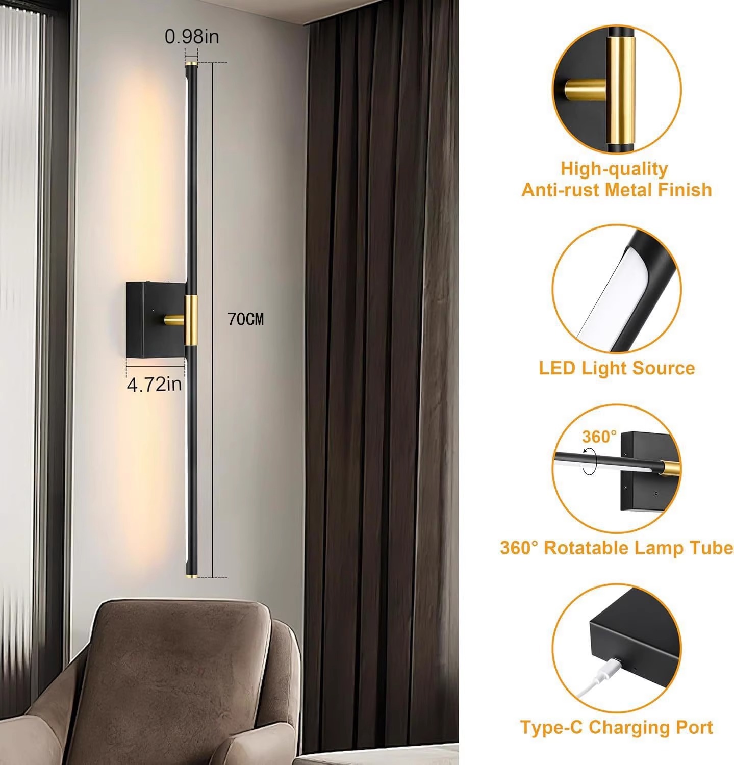 Lámpara de pared recargable especial transfronterizo tira larga luz lujo negro dorado sensor control remoto atenuación sala de estar dormitorio tocador lámpara de pared