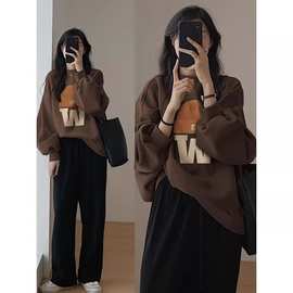 山东即墨卫衣女2024新款爆款圆领宽松加绒无帽大码秋冬女装上衣潮