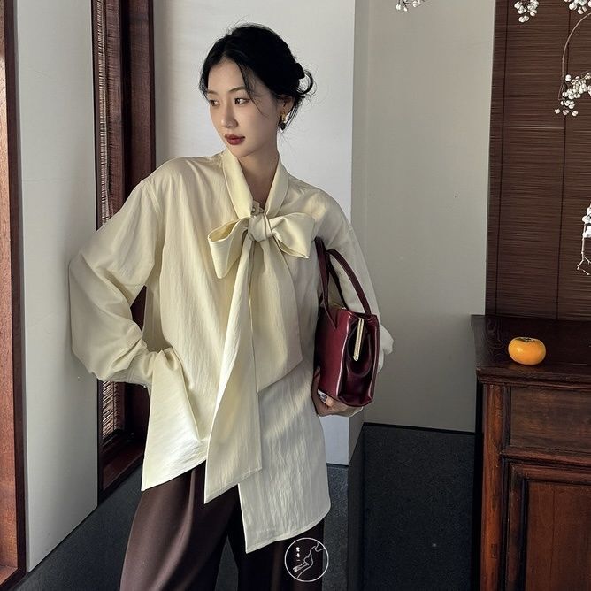 流云法式通勤风蝴蝶结飘带衬衫女春季新款宽松设计感百搭上衣|undefined