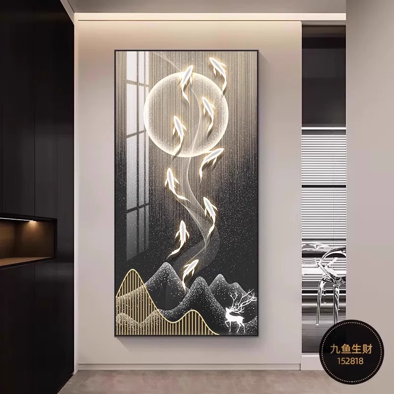 Entrar en el hogar nueve peces pintura decorada pasillo de la sala de estar pintura colgante nuevo alce atmosférico pintura mural vertical