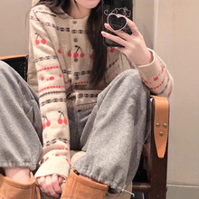 小樱桃费尔岛风羊毛小开衫小众温柔舒适复古英伦圆领提花针织衫女