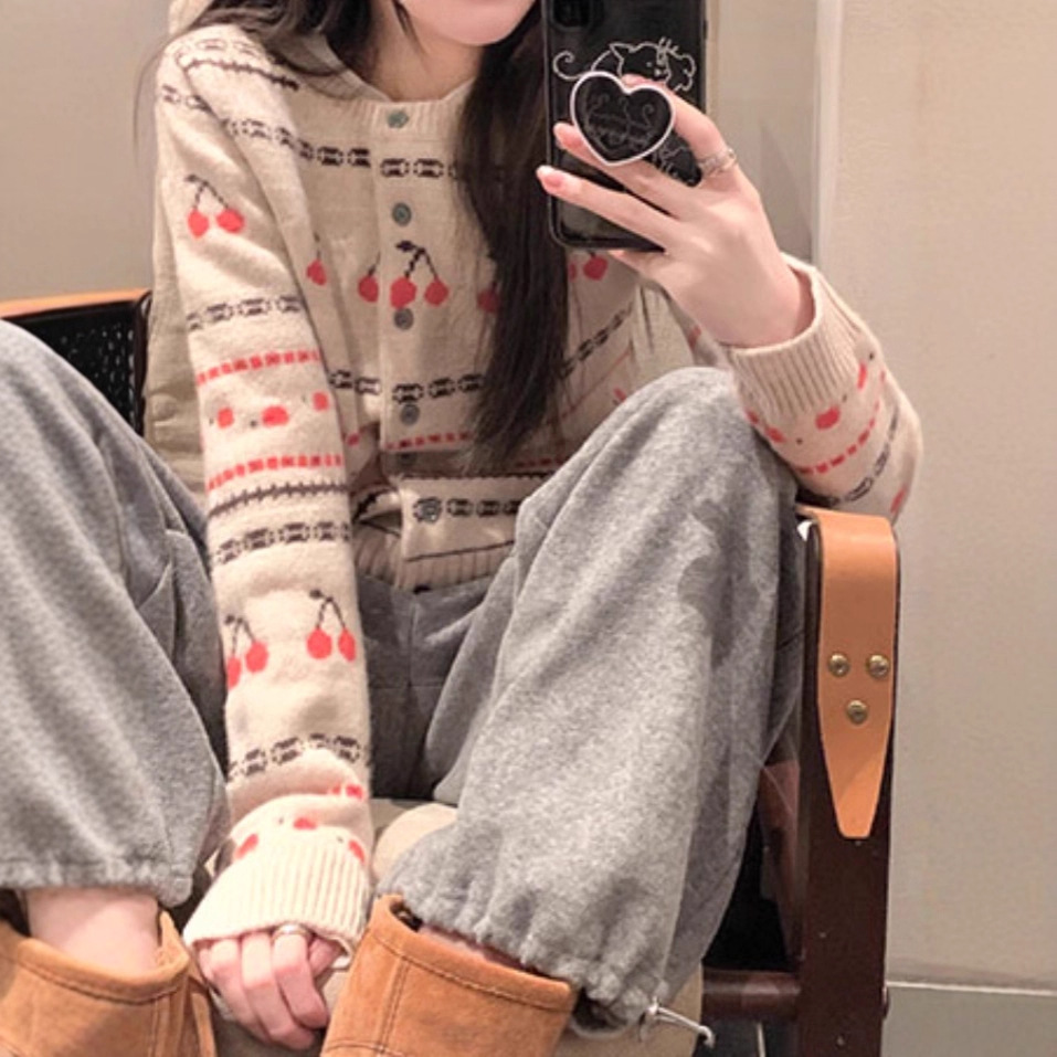 小樱桃费尔岛风羊毛小开衫小众温柔舒适复古英伦圆领提花针织衫女