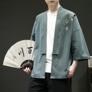2023 Summer new men's cotton and linen Chinese style loose robe plus size trendy embroidered retro cardigan Hanfu