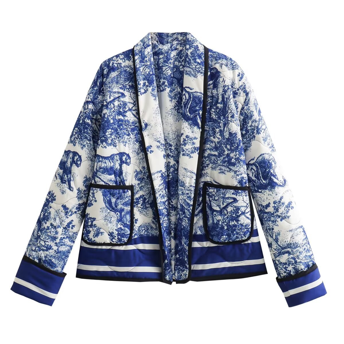 Neue Damenbekleidungskollektion Herbst 2023: Dreifarbige, gestreifte, dekorativ bedruckte, gesteppte, warme Baumwolljacke_voghion.com