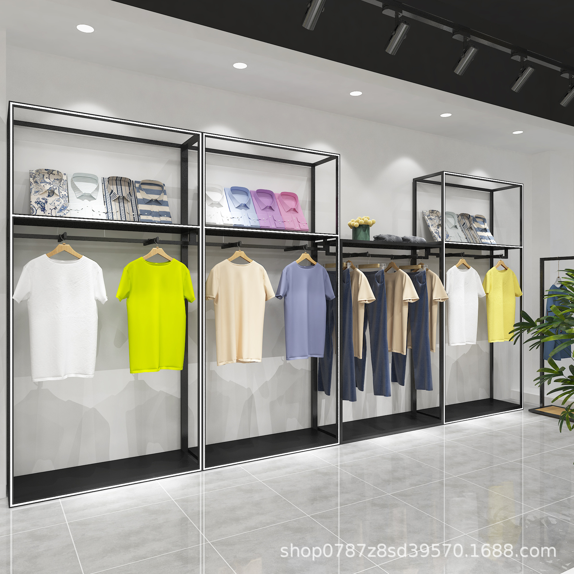 Estante de exhibición de la tienda de ropa para hombres con luces, perchas de la tienda de ropa, postes del cielo y la tierra, estantes de piso, estantes de exhibición en la pared