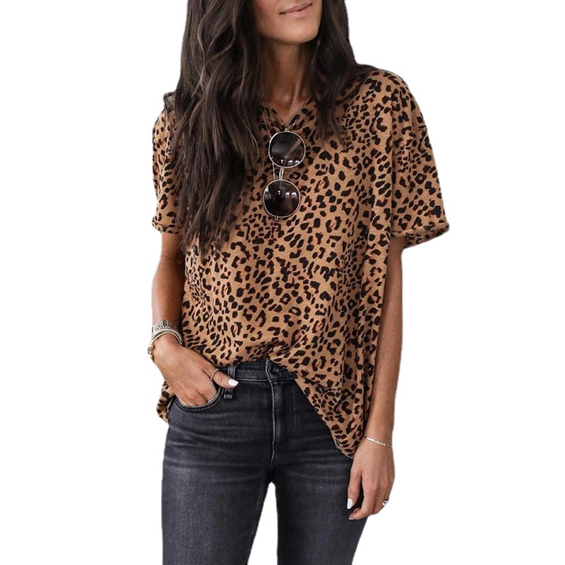 时颖亚马逊休闲上衣夏季欧美新款套头宽松豹纹短袖圆领t恤女定制