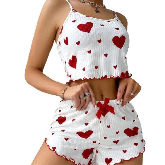 New Knitted Sweet European and American Design Sense Pure Desire 2024 Pit Loving Women's Printed Pajamas Sling Summer Shorts