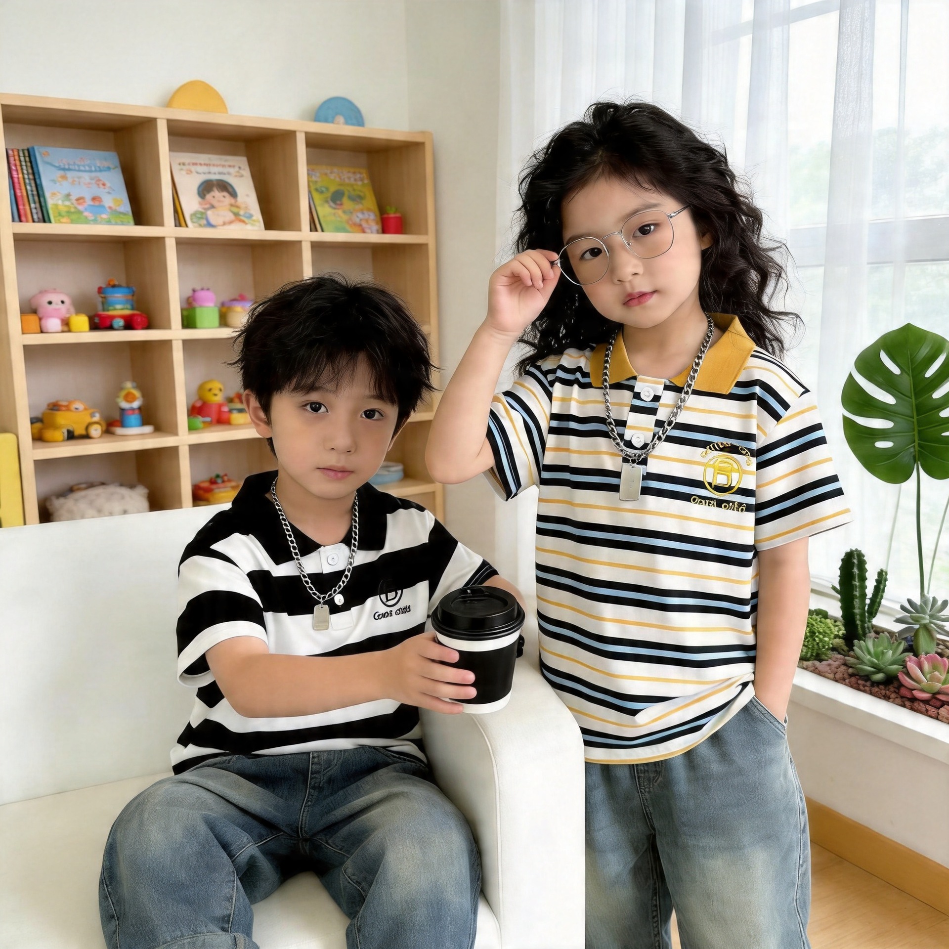 Children's pure cotton short-sleeved polo shirt, collared T-shirt, Korean style striped embroidered top for boys and girls, short-sleeved polo shirt