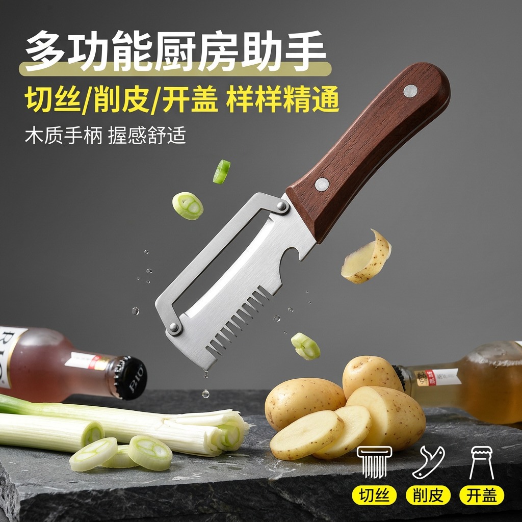 Multifunctional onion slicer, 3-in-1 stainless steel peeler, household onion shredder, and bottle opener – supports drop shipping