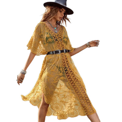 遮阳海边宽松大下摆短袖沙滩开衫比基尼泳衣外搭薄款沙滩防晒女